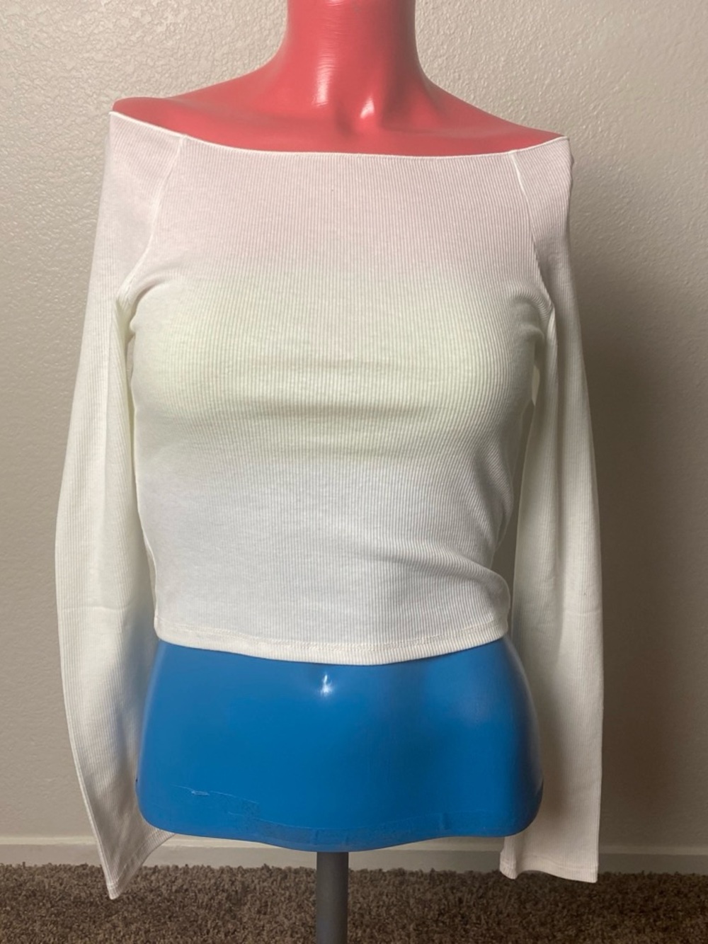 White Ribbed Off-The-Shoulder Long Sleeve Crop Top Y2K Coquette